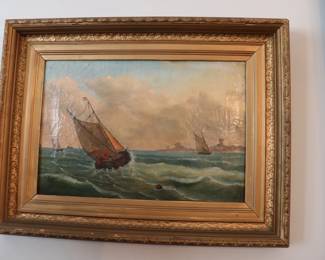 Antique Oil Painting Ships at sea