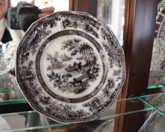 Antique Tonquin J.H. Black Transferware Plate 1850's NO chips Pagoda Boat