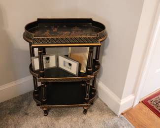 Vintage Chinoiserie Black Painted Oval 3 Tier Side Table