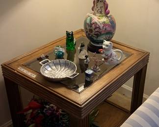 Oak & glass end table( one of a pair), green glass cat, Mid-Century Chinese porcelain cat teapot, aluminum handled bowl