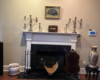 Framed Dane, silver plate.candelabras, wood holder, , wrought iron & brass fireplace set,
