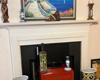 Red chest,  pair Mid-Century umbrella stands