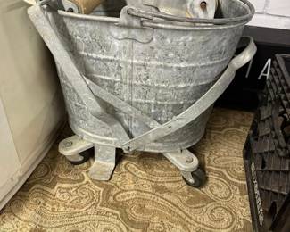 Vintage Metal Galvanized Rolling Mop Bucket