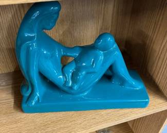 Vintage Haeger Potter Teal Ceramic Woman and Child Sculpture