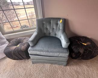 Blue side chairs (2 available), 2 ottomans