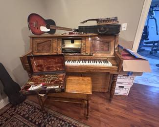 Player piano with 3 boxes of music WORKS!, bugle, banjo, guitar