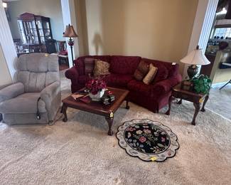 Lazyboy electric recliner, Clayton Marcus wine colored curved couch, clawfoot coffee table and endtable