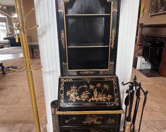 Chinoiserie style carved black lacquered secretary desk