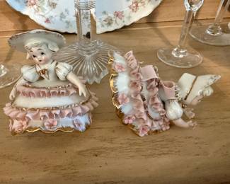 Two Vintage Lefton Bending Over Bloomer Girls Pink Japan Figurines