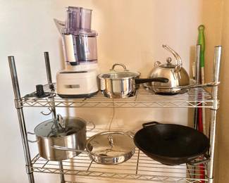 Cuisinart Food Processor, Pots, Pans, Wok, Shelving 