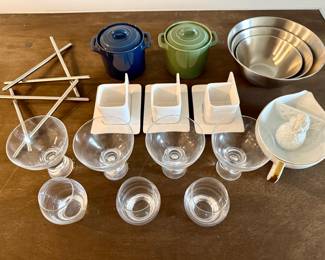 Trivets (2), Dessert Cups (4), Cordial Shotglasses (3), Espresso Cups (3), Juicer, Metal Bowls (3), Ceramic Pots (2)