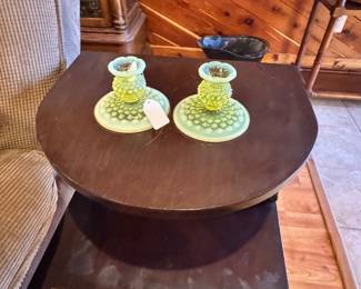 Pair Fenton hobnail Vaseline candle holders 