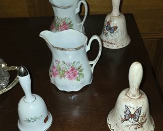 Antique Bells and 2 Porcelain Pitchers