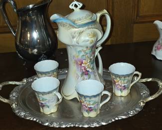 Antique Chocolate Tea Set - Silver Tray