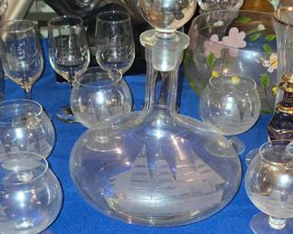 Decanter with Glasses all etched with ships on them