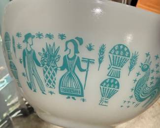 Pyrex mixing bowl in the Amish Butterprint pattern (often just called “Butterprint”).