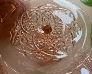 Pink depression glass cake dish princess pattern