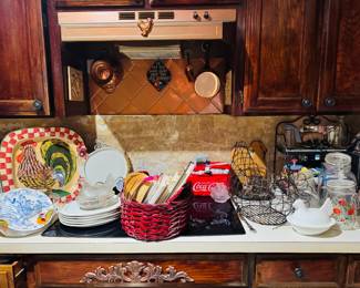 Hen candy dish, bread baskets, plates and platters