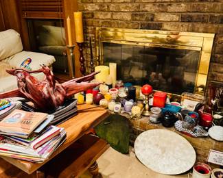 Candles, wood sculptures,