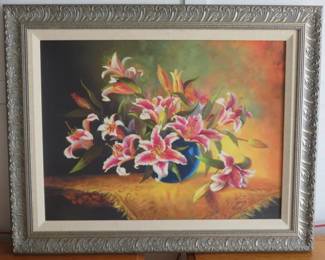 Floral Lilies in Vase Still Life Painting