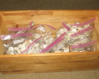 Open Wooden Crate w/Handles, Bags of Seashells
