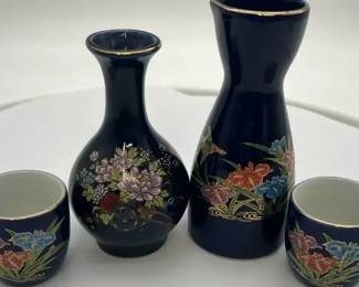 Vintage Blue Cobalt, Japanese Sake Bottles And Cups