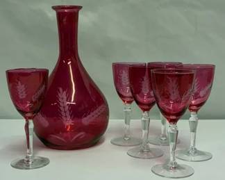 Vintage Floral Etched Cranberry Glass Wine Decanter Carafe 4 Glasses