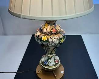 Vintage Capodimonte Porcelain Table Lamp w Brass DolphinFeet Base