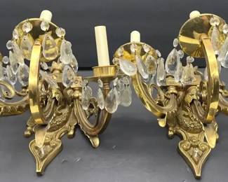 Antique Brass Wall Sconces Matched Pair w Crystal Prisms, Ornate Victorian Style