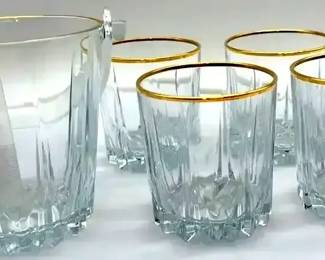 Ice Bucket With set of 4 Highball Glasses with a Gold Rim