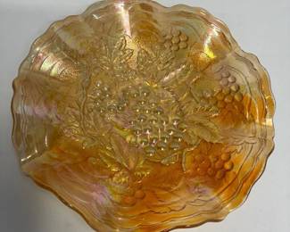 Vintage Imperial Glass Company Iridescent Marigold Carnival Glass bowl in Imperial Grape pattern