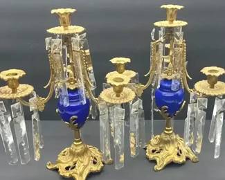 Pair of Antique French Ormolu Candelabras w Cobalt Blue Brass Crystal Prism Drops ThreeLight