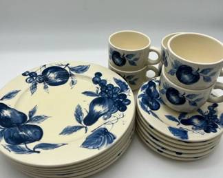 Pier 1 Melinda Blue Fruit Pears Dinner Plates Cups W saucers Earthenware Italy Rustic