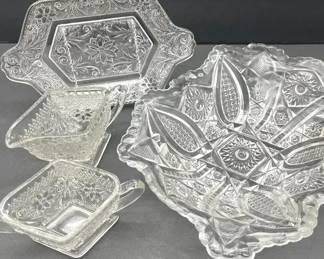 Indiana Glass Sandwich Clear Design, Diamond shaped Creamer, Sugar, Bowl Tray 4 pieces