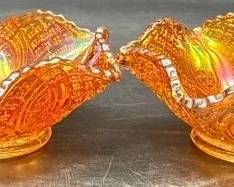 vintage Imperial Glass Twins pattern marigold carnival glass fruit bowls
