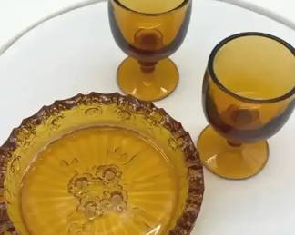 Vintage collectible Amber Glasses and Ashtray Sunflower Bowl