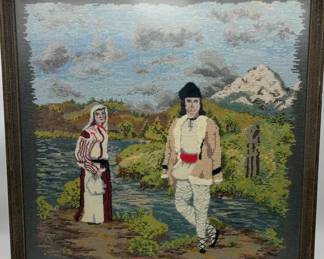 Vintage Framed Asian Landscape Needlepoint Tapestry Signed Mountain Village Scene