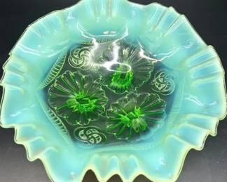 Antique Jefferson Glass Opalescent Light Green Ruffles Rings Footed Candy Dish
