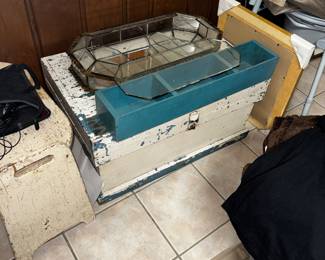 Gorgeous teal and white primitive storage trunk with two lift out trays
