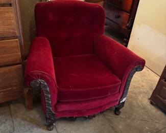 Red velvet Victorian parlor chair. Has some damage to fabric on back corner