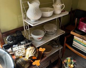 Iron bakers rack and misc kitchen items