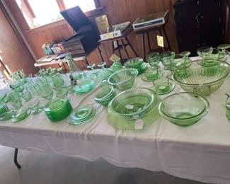 Table Full of Green Depression Glass