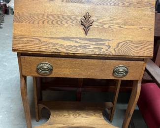 F13. Small Oak Drop Front Desk-1 Drawer					27” x 13” x 44”
