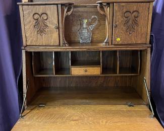 	F36. Oak Secretary Desk-Drop Front-2 Glass Doors-2 Drawers	32” x 14” x 68”
