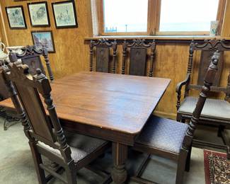 	F23. 6 Jacobean/Gothic Style Dining Room Chairs-1 Armed					 	F24. Round Table-Oak Top-Singer Sewing Machine Metal Base		44”D x 29”
