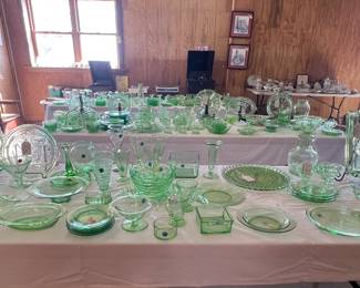 Tables Full of Green Depression Glass