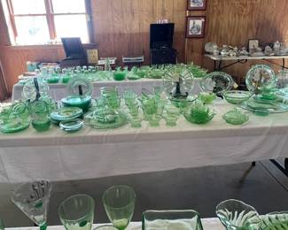 Tables Full of Green Depression Glass