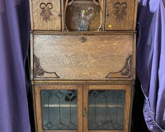 	F36. Oak Secretary Desk-Drop Front-2 Glass Doors-2 Drawers	32” x 14” x 68”