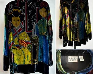 A Chico's Design 90s vintage silk blend blouse with burnout velvet texture featuring Oriental Geisha design; with long sleeves, and a button-down front, size 3