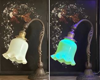 More views of the antique goose neck table lamp with ruffled flower form uranium glass shade